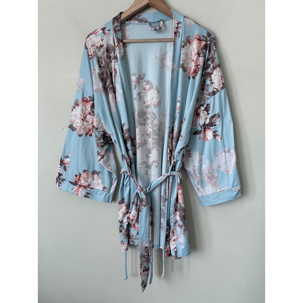 Linea Donatella Womens Blue Floral Short Robe Soft Knit Kimono Sleeve Large L